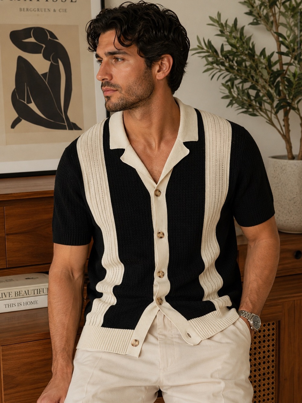 Retro Black Cream Heavy Stretchy  Knit Button Up Shirt Old Money Men L Old Money